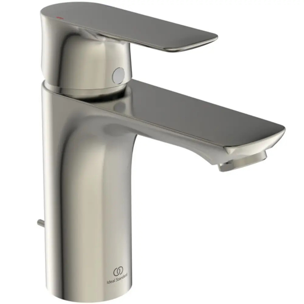 Ein moderner Wasserhahn in Silber mit einem schlanken Design und einem Hebel zur Temperaturregelung. Marke Ideal Standard.